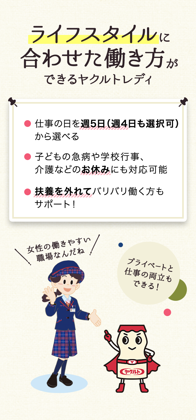 週3日～5日から選べる。お休みにも対応可能。プライベートと仕事の両立もできる。女性が働きやすい職場。