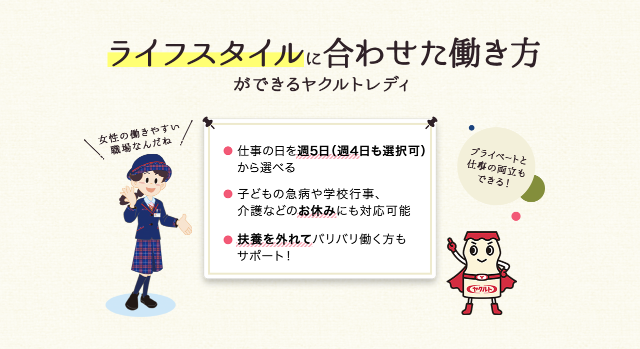 週3日～5日から選べる。お休みにも対応可能。プライベートと仕事の両立もできる。女性が働きやすい職場。